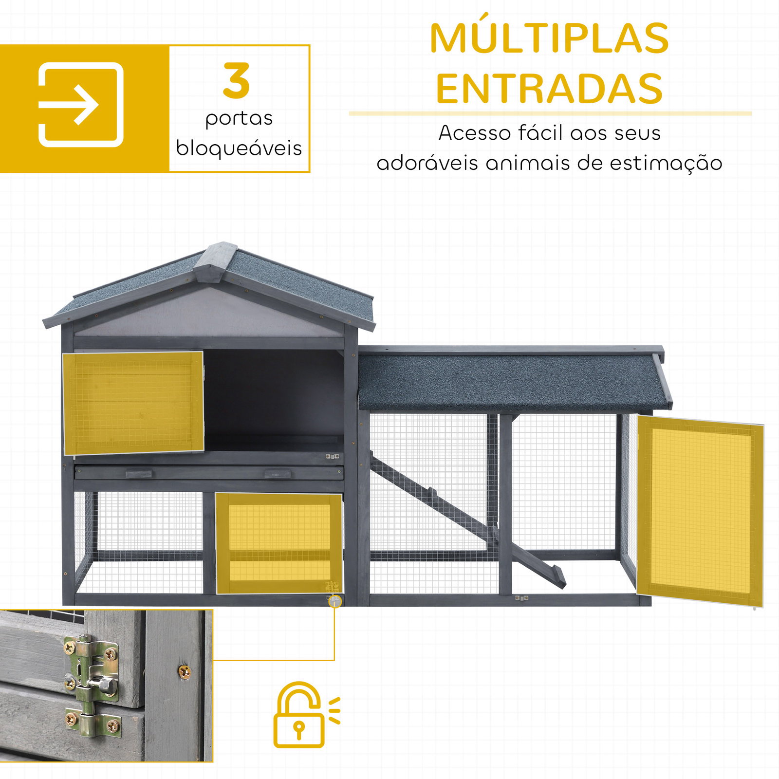 Casa para coelhos de madeira coelheira para exterior com bandeja removível 147x54x84cm cinza