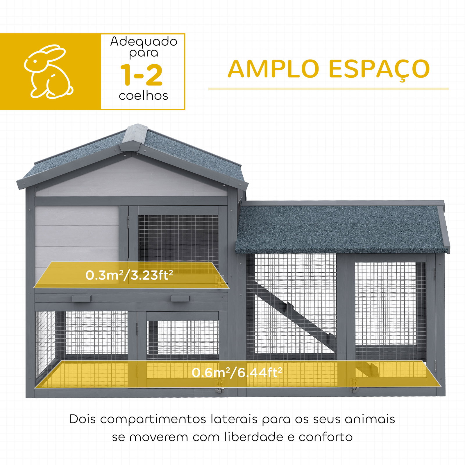 Casa para coelhos de madeira coelheira para exterior com bandeja removível 147x54x84cm cinza