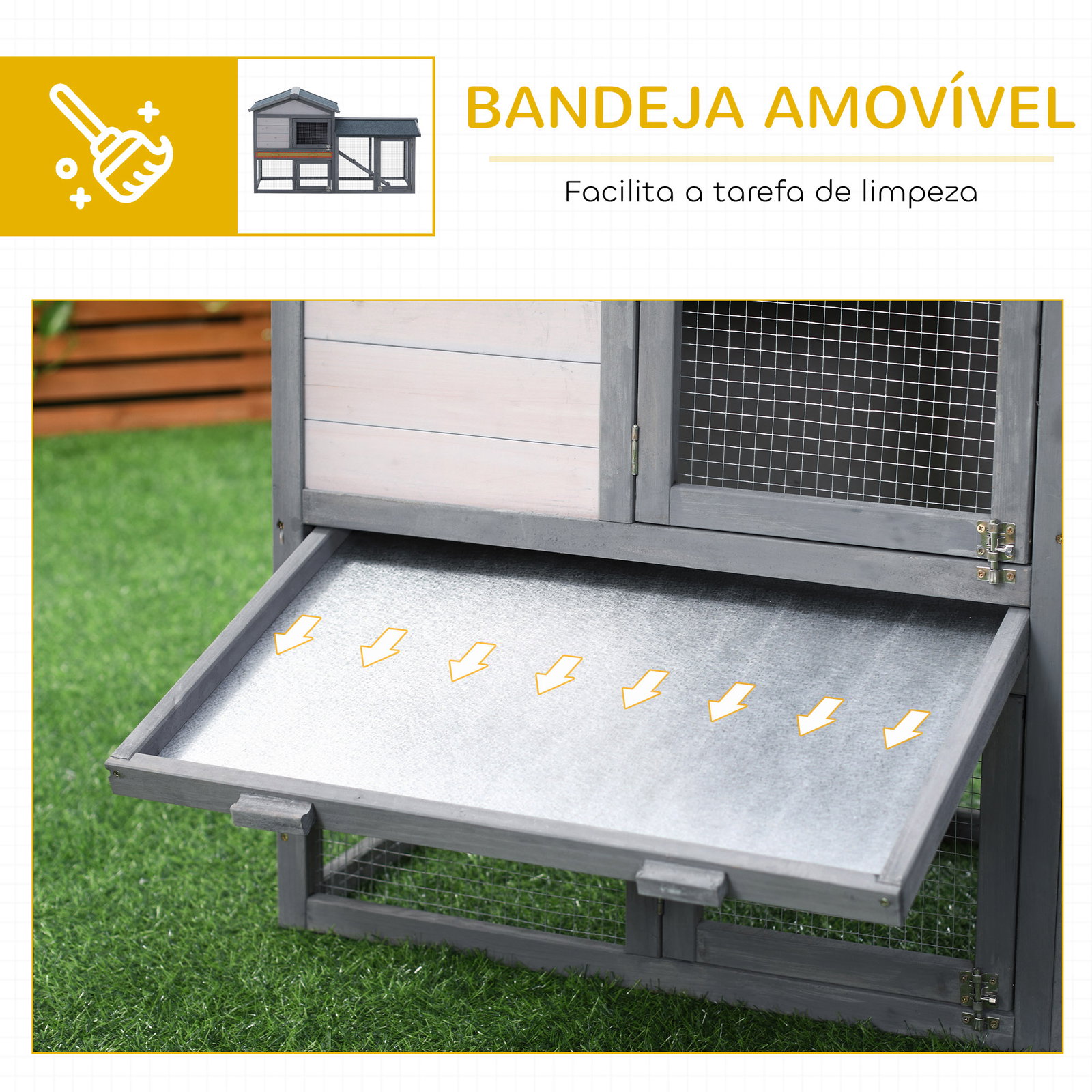Casa para coelhos de madeira coelheira para exterior com bandeja removível 147x54x84cm cinza