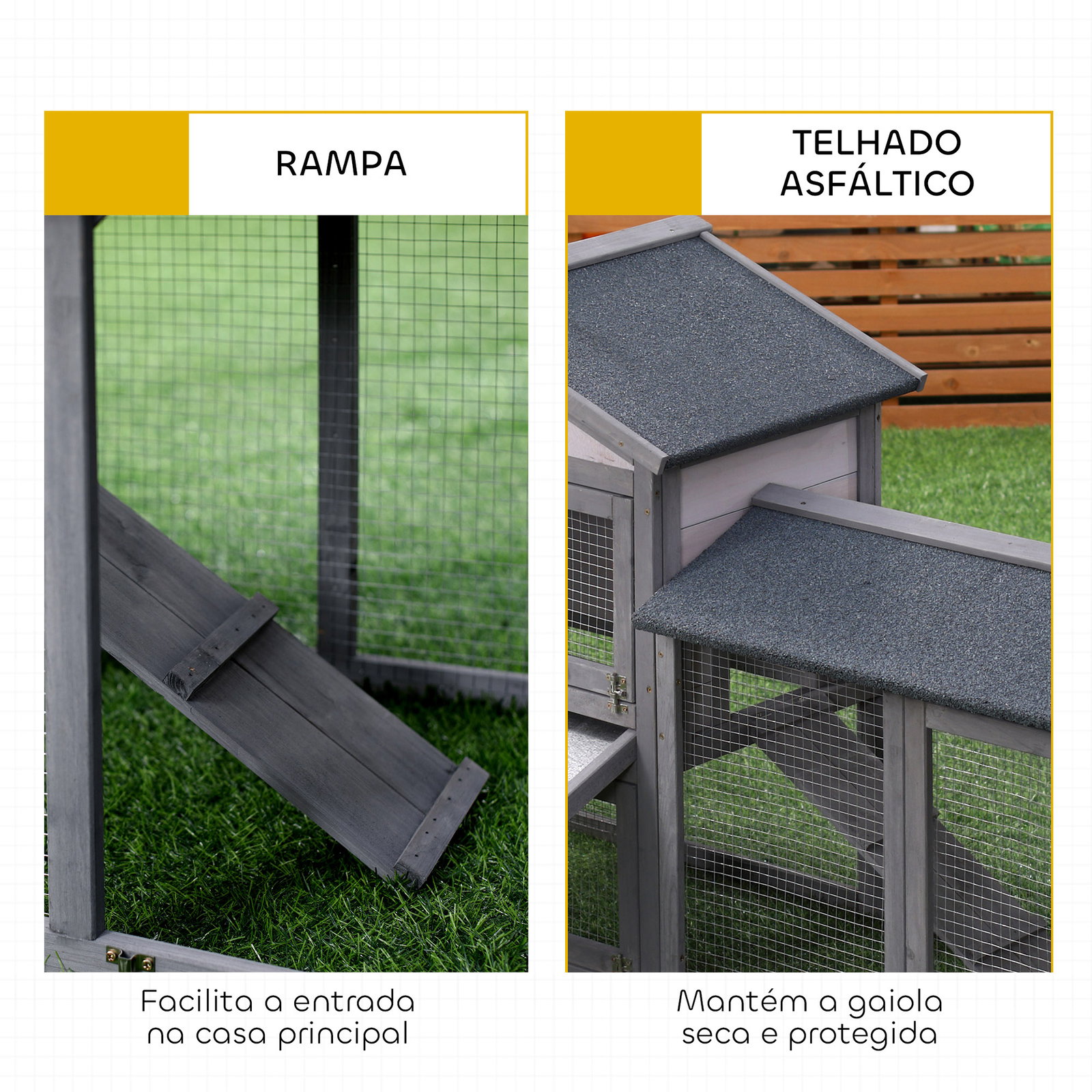 Casa para coelhos de madeira coelheira para exterior com bandeja removível 147x54x84cm cinza