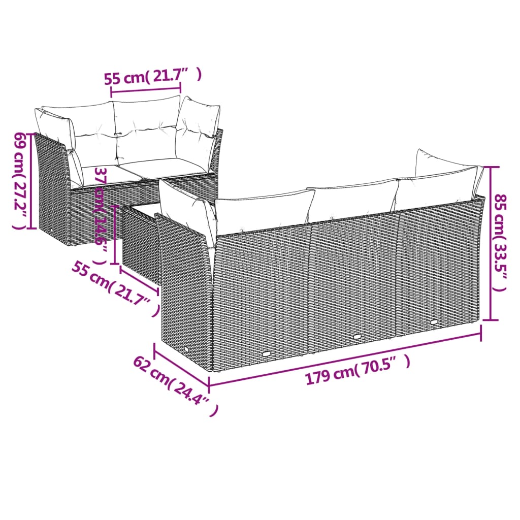 6 Pcs conjunto de sofás jardim c/ almofadões vime PE castanho