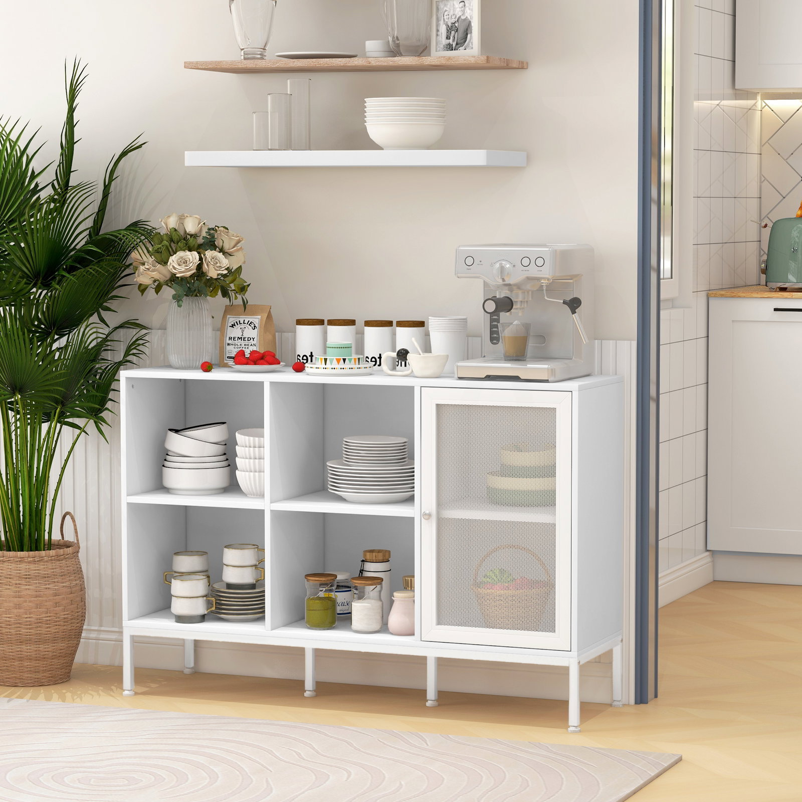 Aparador de cozinha com porta de malha 4 compartimentos abertos e estante ajustável para sala 120x37x81,5 cm branco