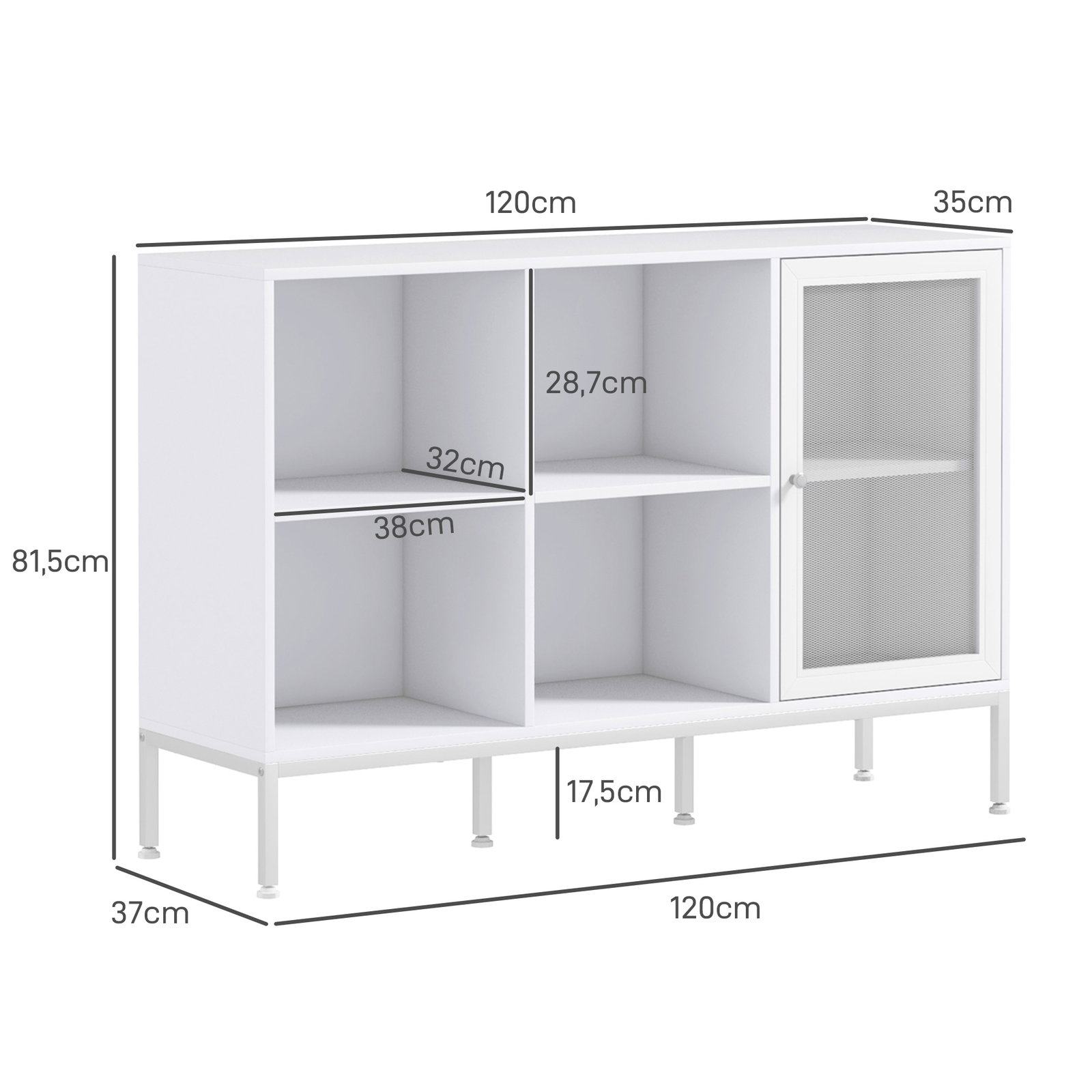 Aparador de cozinha com porta de malha 4 compartimentos abertos e estante ajustável para sala 120x37x81,5 cm branco
