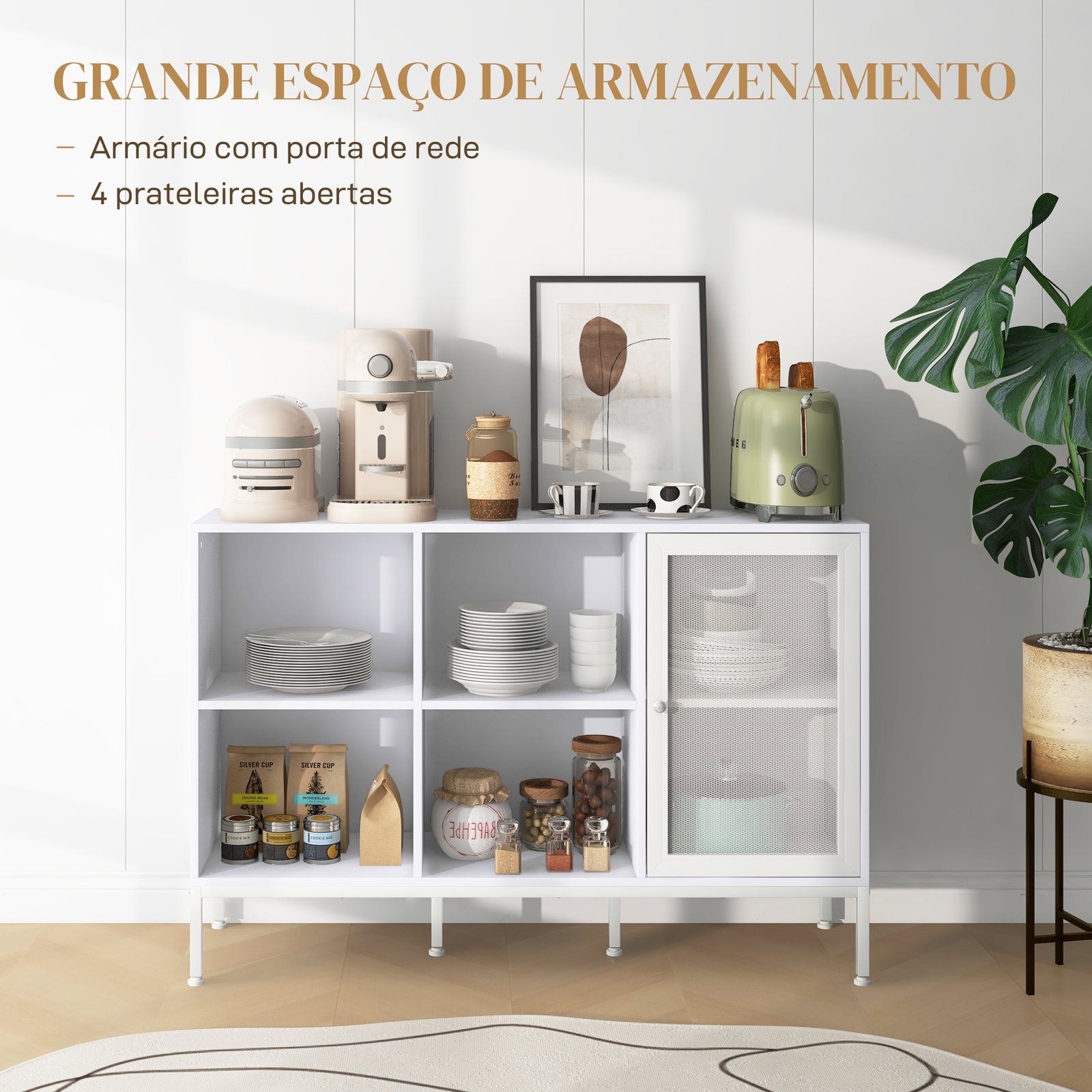 Aparador de cozinha com porta de malha 4 compartimentos abertos e estante ajustável para sala 120x37x81,5 cm branco