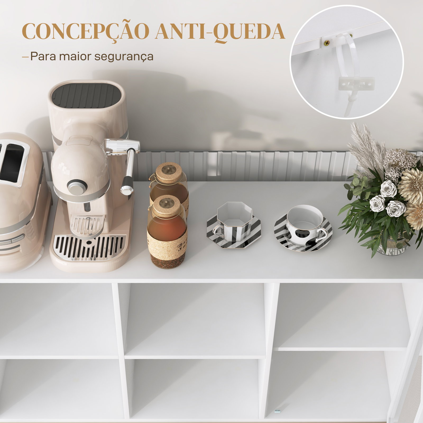 Aparador de cozinha com porta de malha 4 compartimentos abertos e estante ajustável para sala 120x37x81,5 cm branco