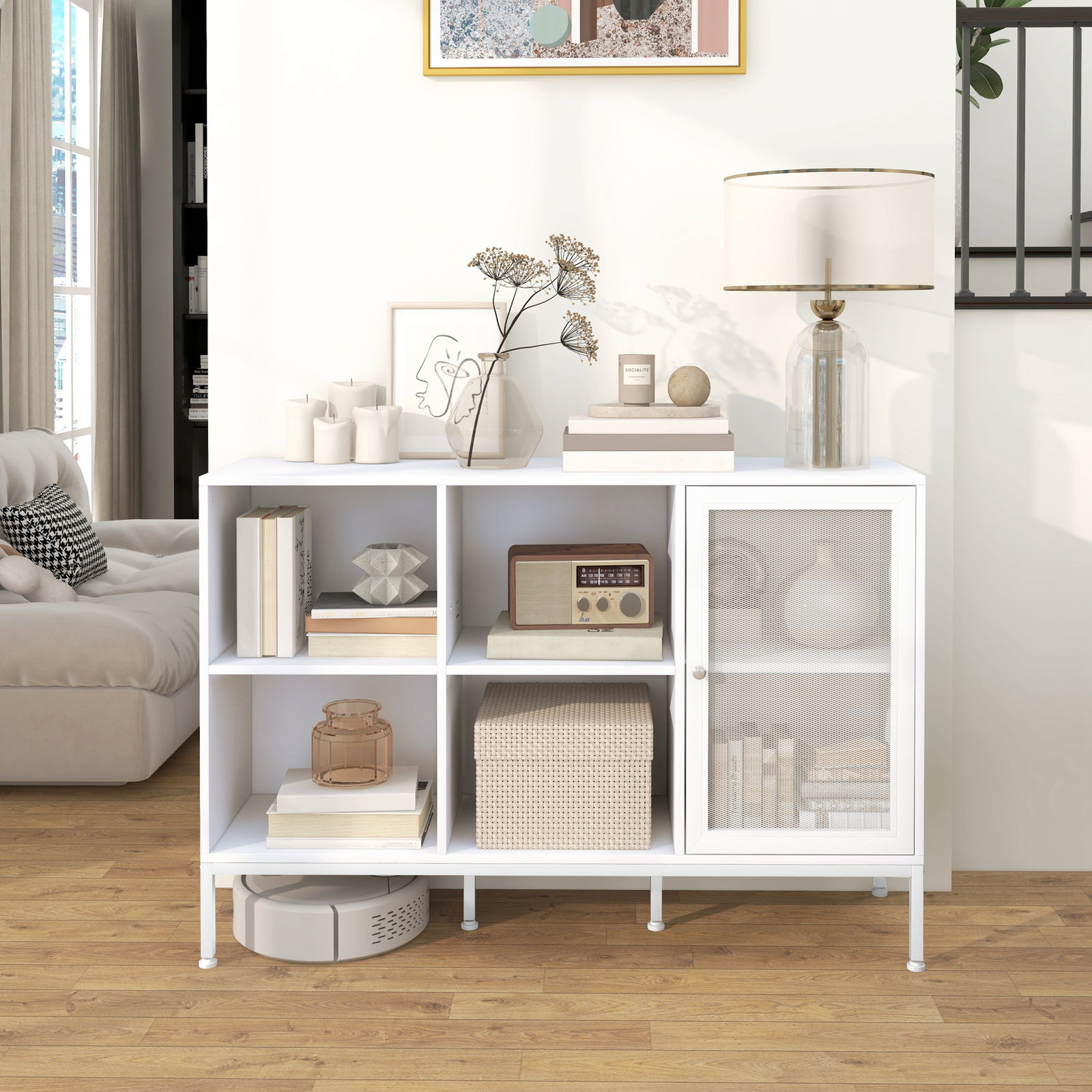 Aparador de cozinha com porta de malha 4 compartimentos abertos e estante ajustável para sala 120x37x81,5 cm branco