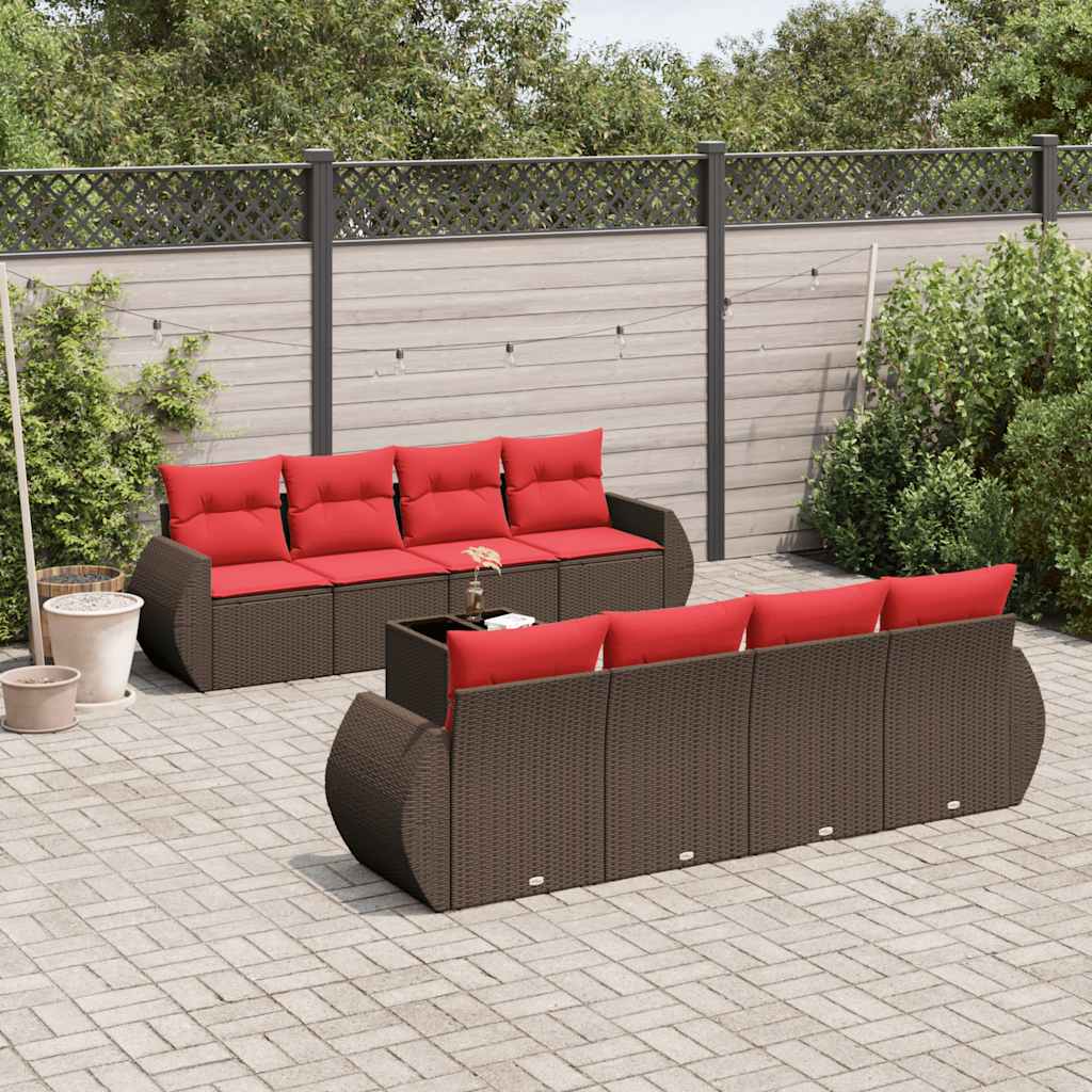 Conjunto de sofá de jardim com 9 peças e almofadas em rattan sintético marrom