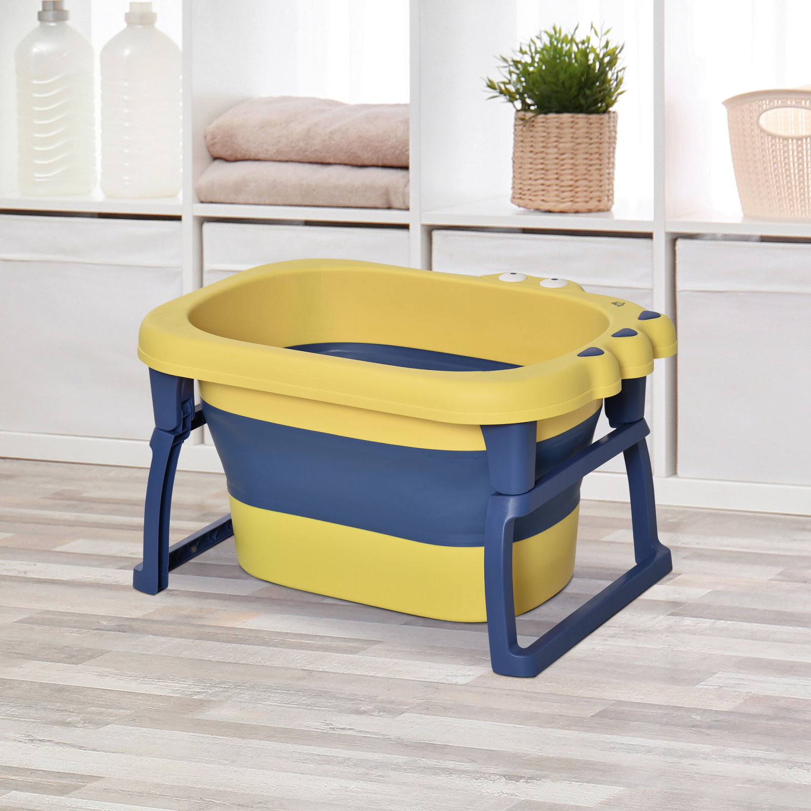 Banheira Dobrável para Bebé de 0-6 Anos Capacidade 105L Banheira Portátil para Crianças 75,3x55,4x43cm Amarelo e Azul