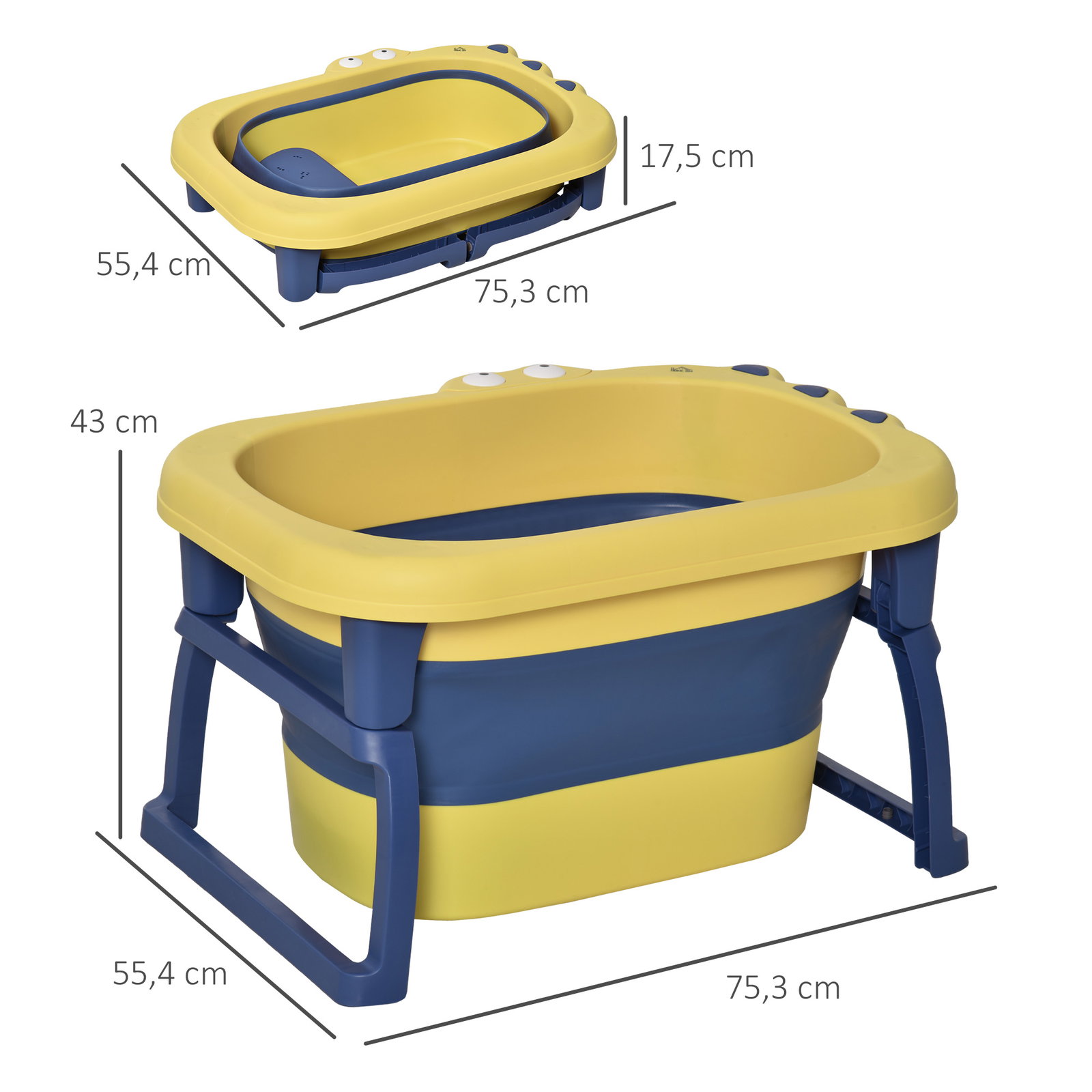 Banheira Dobrável para Bebé de 0-6 Anos Capacidade 105L Banheira Portátil para Crianças 75,3x55,4x43cm Amarelo e Azul