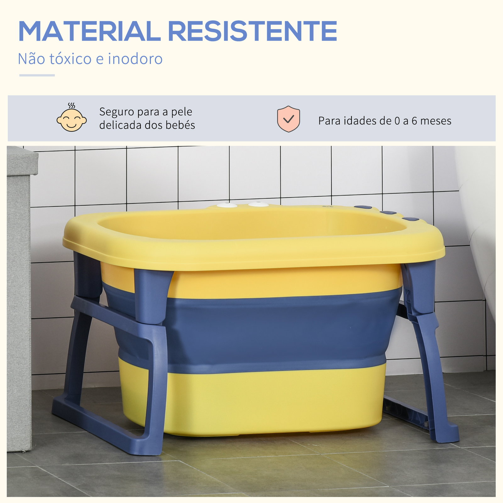 Banheira Dobrável para Bebé de 0-6 Anos Capacidade 105L Banheira Portátil para Crianças 75,3x55,4x43cm Amarelo e Azul