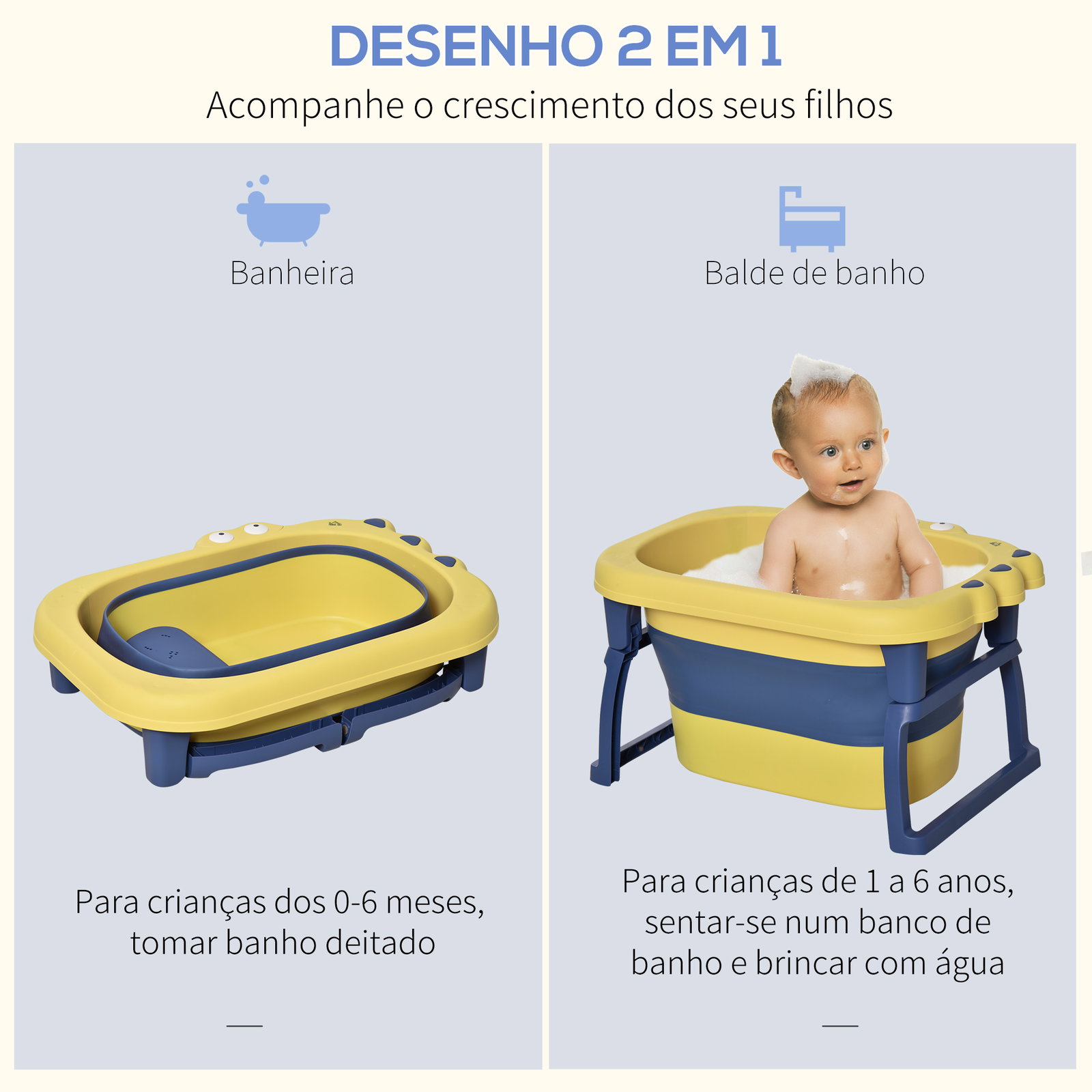 Banheira Dobrável para Bebé de 0-6 Anos Capacidade 105L Banheira Portátil para Crianças 75,3x55,4x43cm Amarelo e Azul