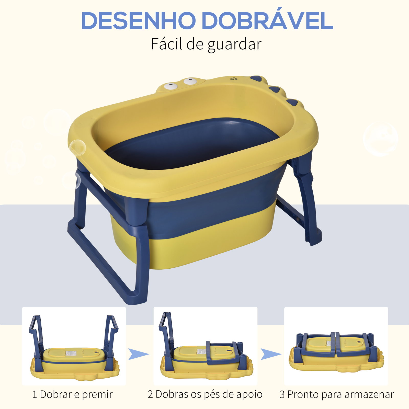 Banheira Dobrável para Bebé de 0-6 Anos Capacidade 105L Banheira Portátil para Crianças 75,3x55,4x43cm Amarelo e Azul