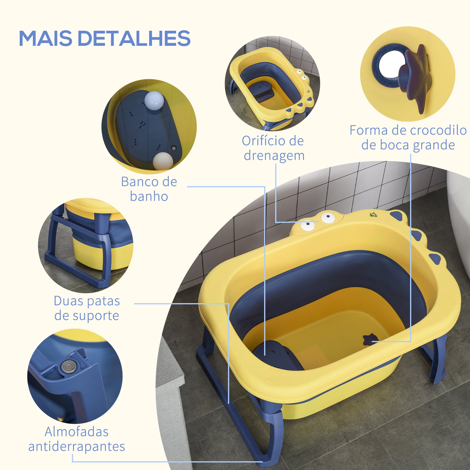 Banheira Dobrável para Bebé de 0-6 Anos Capacidade 105L Banheira Portátil para Crianças 75,3x55,4x43cm Amarelo e Azul