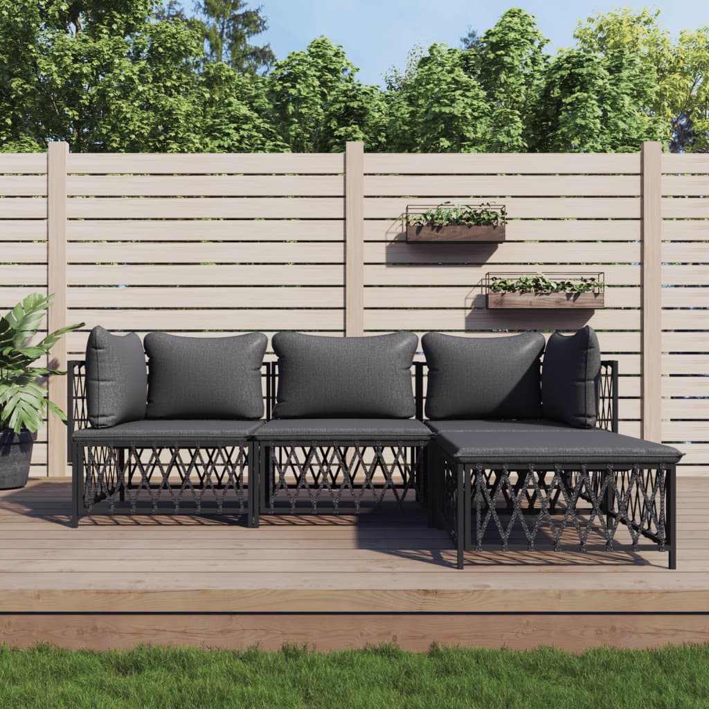 4 Pcs conjunto lounge de jardim com almofadões aço antracite
