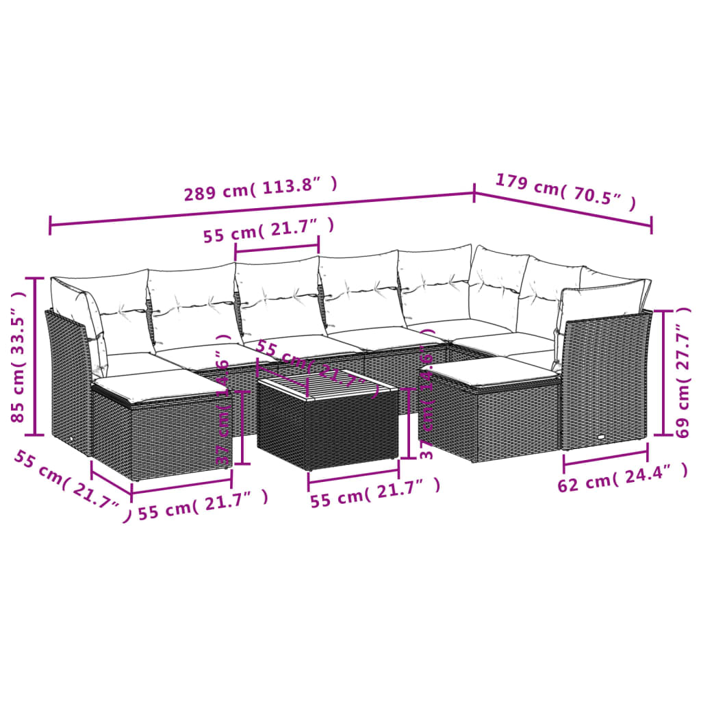 10 Pcs conjunto de sofás p/ jardim com almofadões vime PE bege