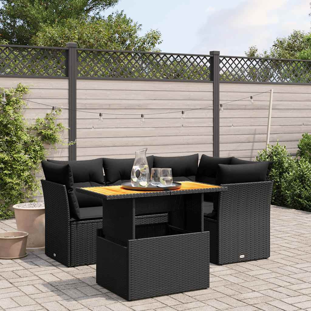5 Pcs conjunto sofás de jardim com almofadões vime PE preto