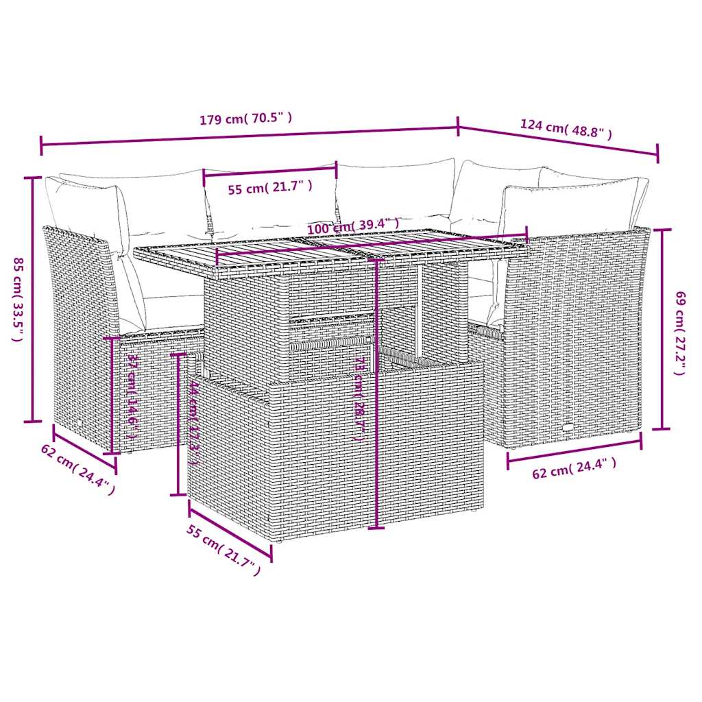 5 Pcs conjunto sofás de jardim com almofadões vime PE preto