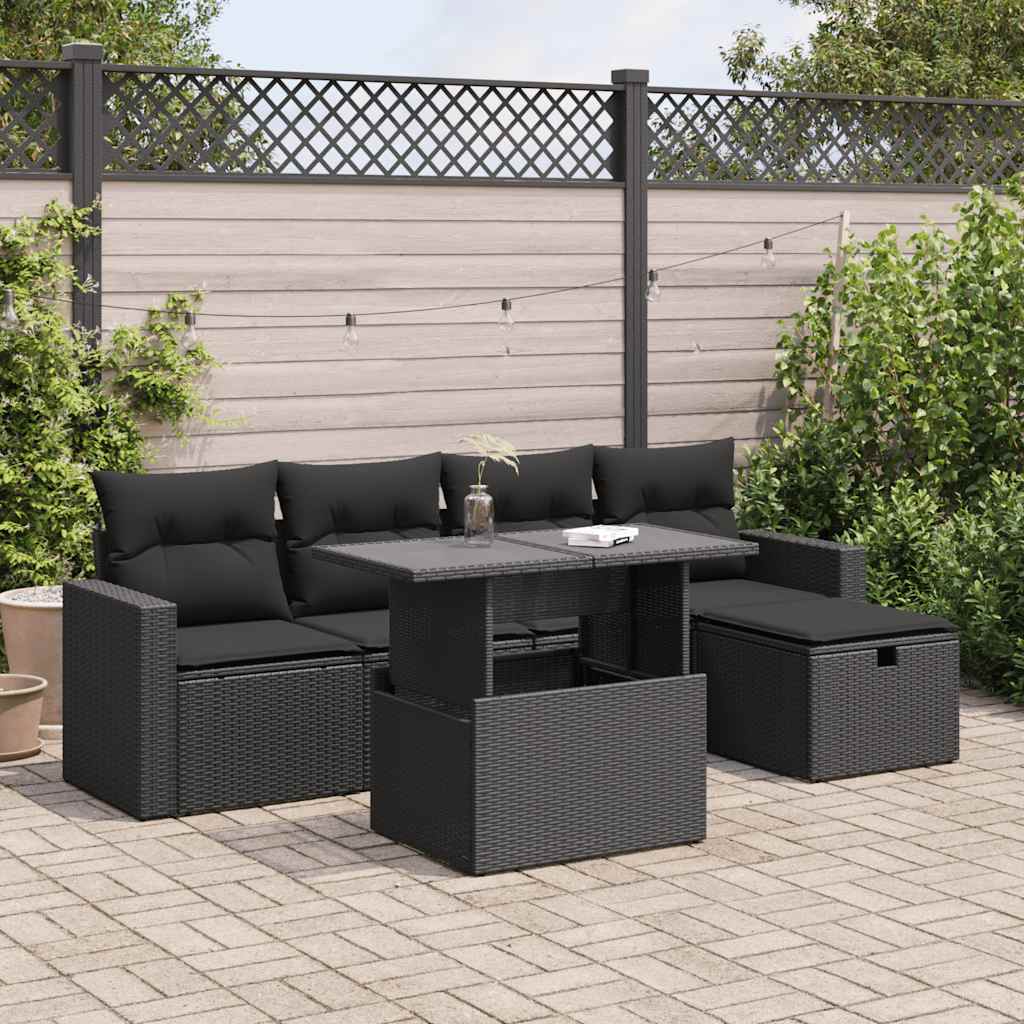 6 Pcs conjunto sofás de jardim c/ almofadões vime PE preto