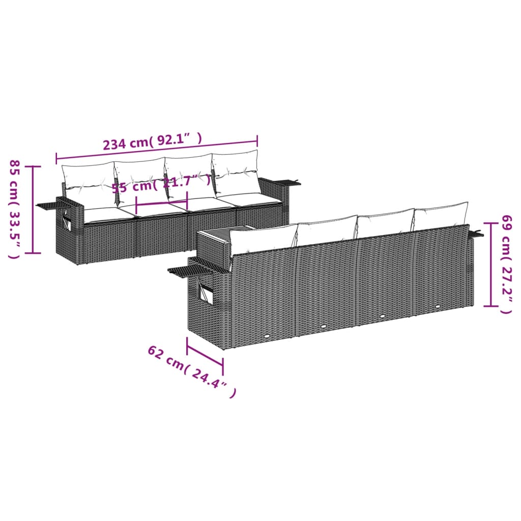 9 Pcs conjunto de sofás p/ jardim c/ almofadões vime PE preto