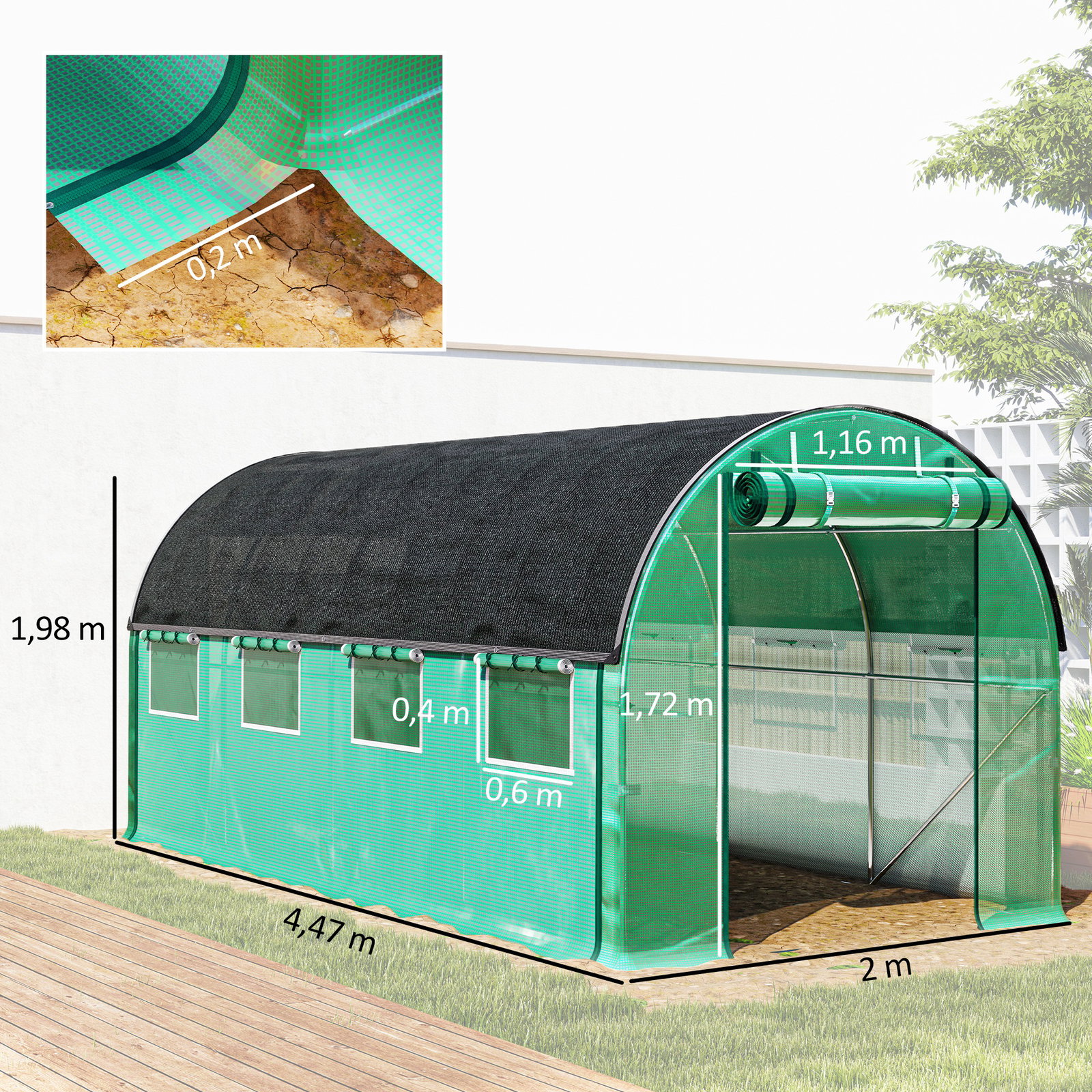 Estufa tipo túnel 447x200x198 cm com paredes laterais enroláveis cobertura extra 8 janelas de malha e 2 portas verde