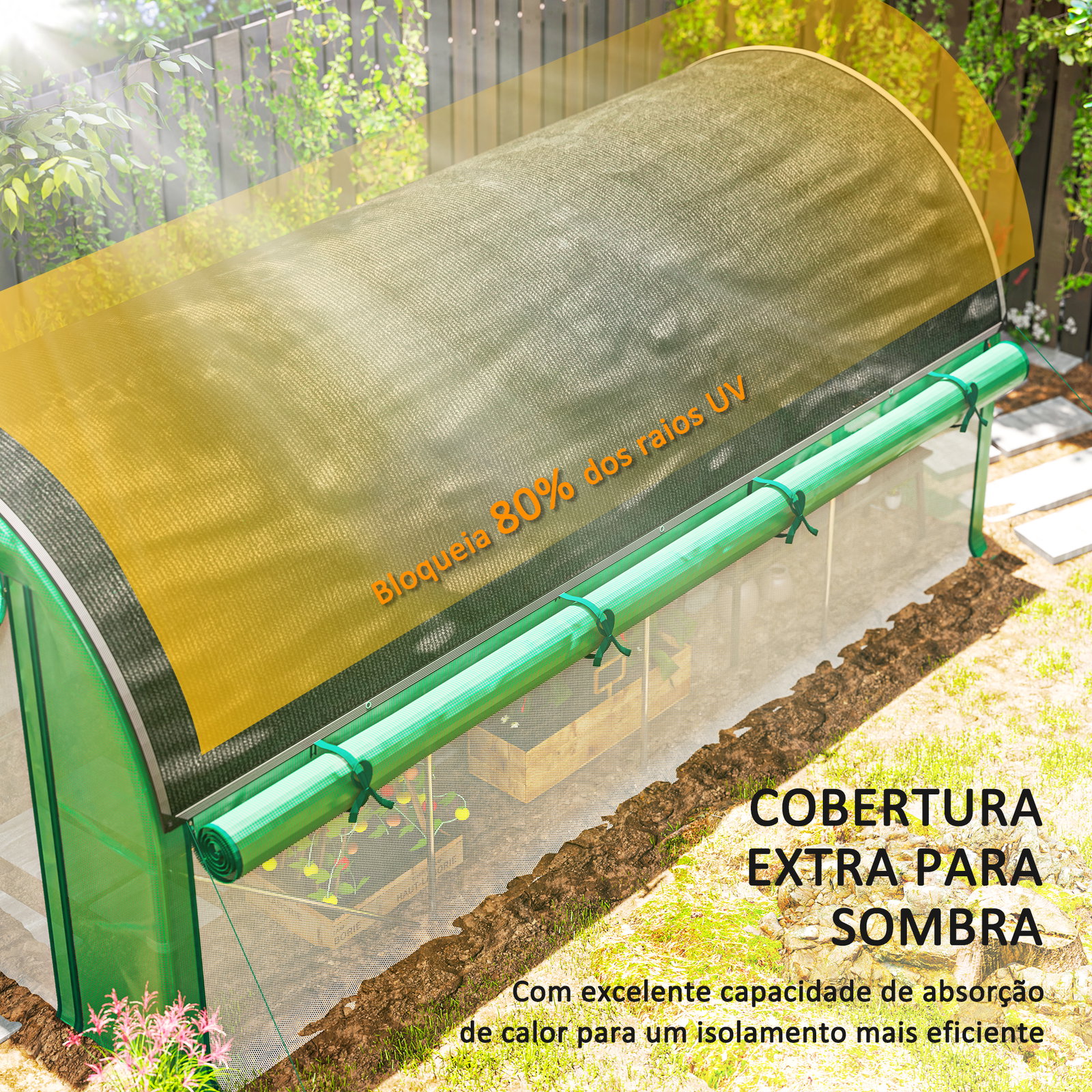 Estufa tipo túnel 447x200x198 cm com paredes laterais enroláveis cobertura extra 8 janelas de malha e 2 portas verde