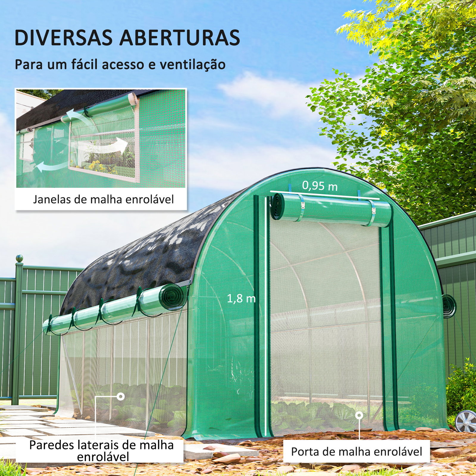 Estufa tipo túnel 447x200x198 cm com paredes laterais enroláveis cobertura extra 8 janelas de malha e 2 portas verde