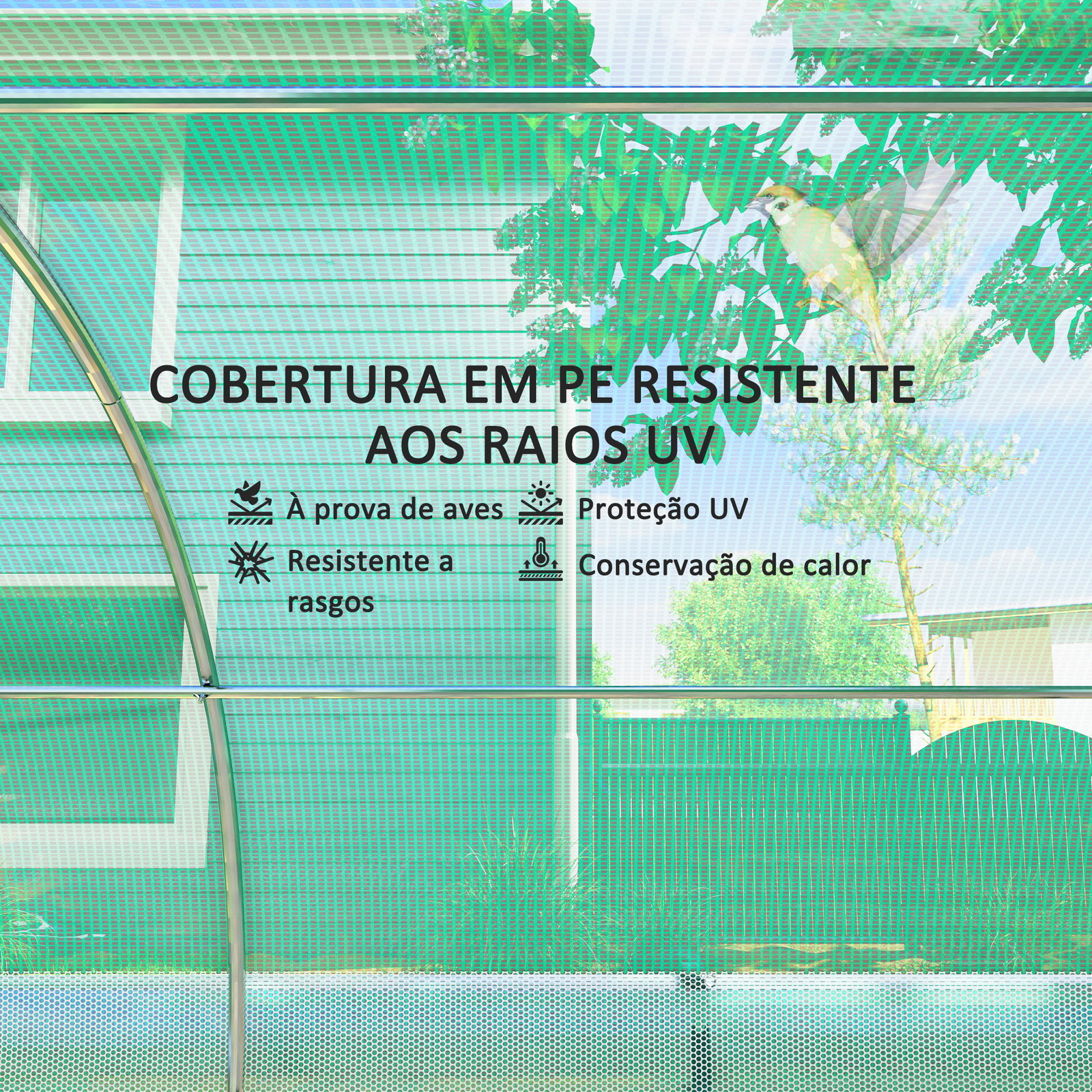 Estufa tipo túnel 447x200x198 cm com paredes laterais enroláveis cobertura extra 8 janelas de malha e 2 portas verde