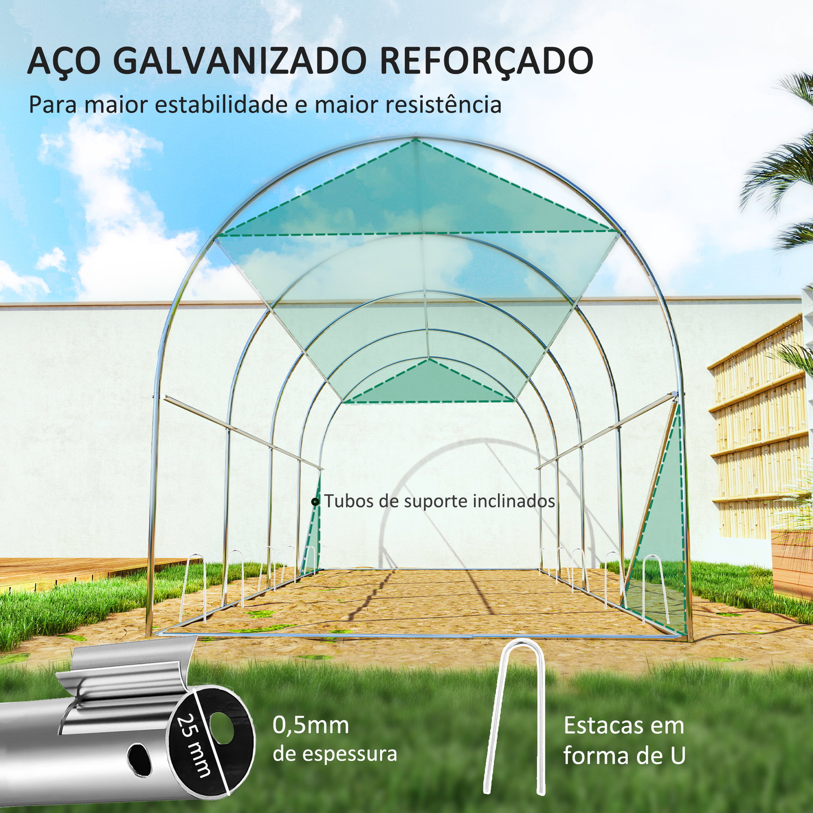 Estufa tipo túnel 447x200x198 cm com paredes laterais enroláveis cobertura extra 8 janelas de malha e 2 portas verde