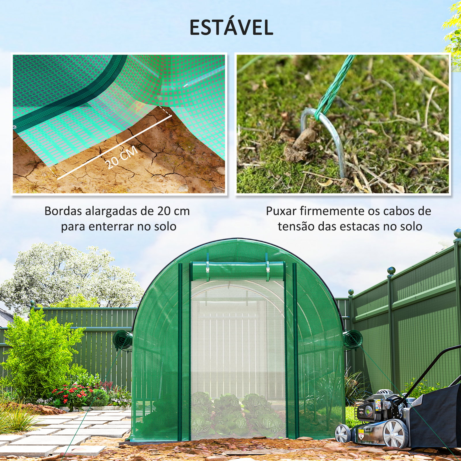Estufa tipo túnel 447x200x198 cm com paredes laterais enroláveis cobertura extra 8 janelas de malha e 2 portas verde