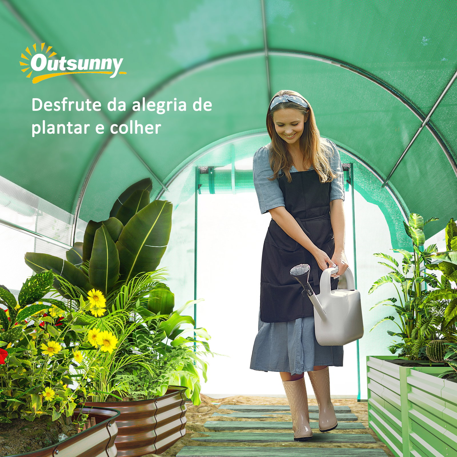 Estufa tipo túnel 447x200x198 cm com paredes laterais enroláveis cobertura extra 8 janelas de malha e 2 portas verde