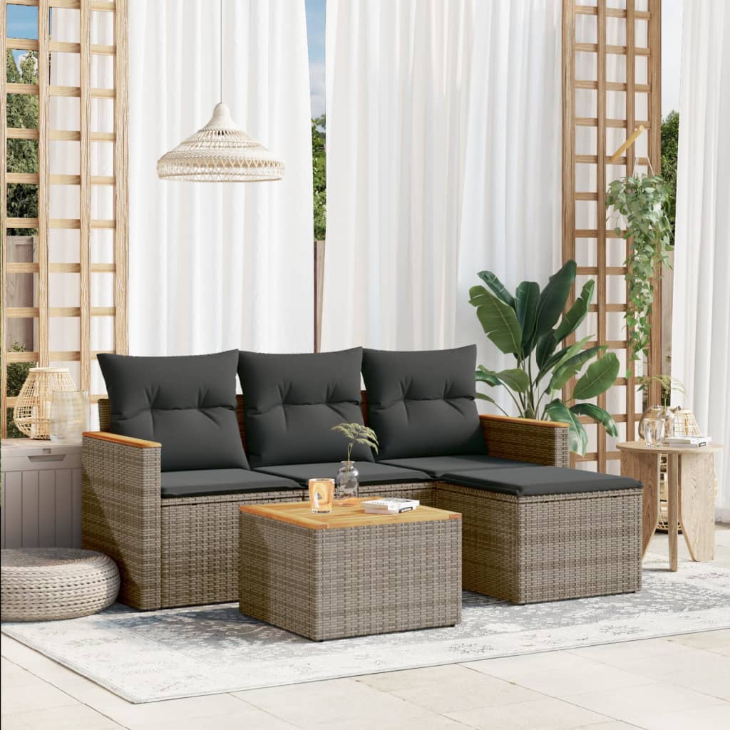 5 Pcs conjunto sofás de jardim c/ almofadões vime PE cinzento