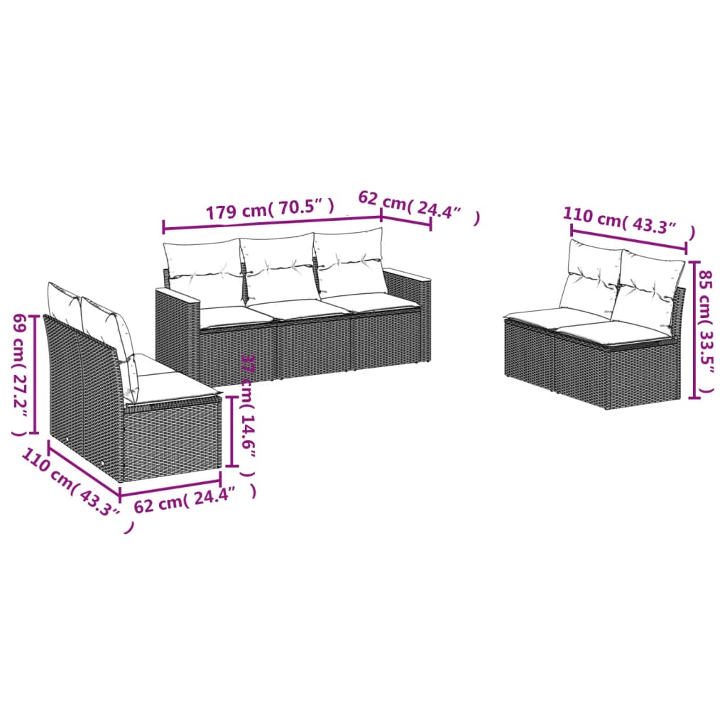 7 Pcs conjunto de sofás p/ jardim c/ almofadões vime PE preto