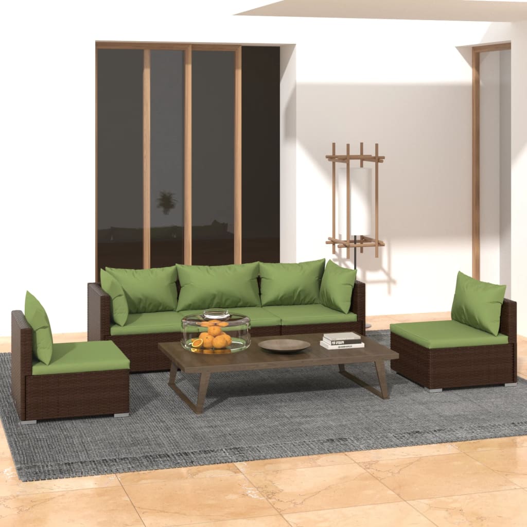 5 Pcs conjunto lounge de jardim c/ almofadões vime PE castanho