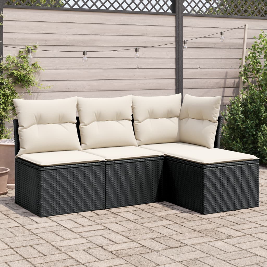 4 Pcs conjunto de sofás para jardim c/ almofadões vime PE preto