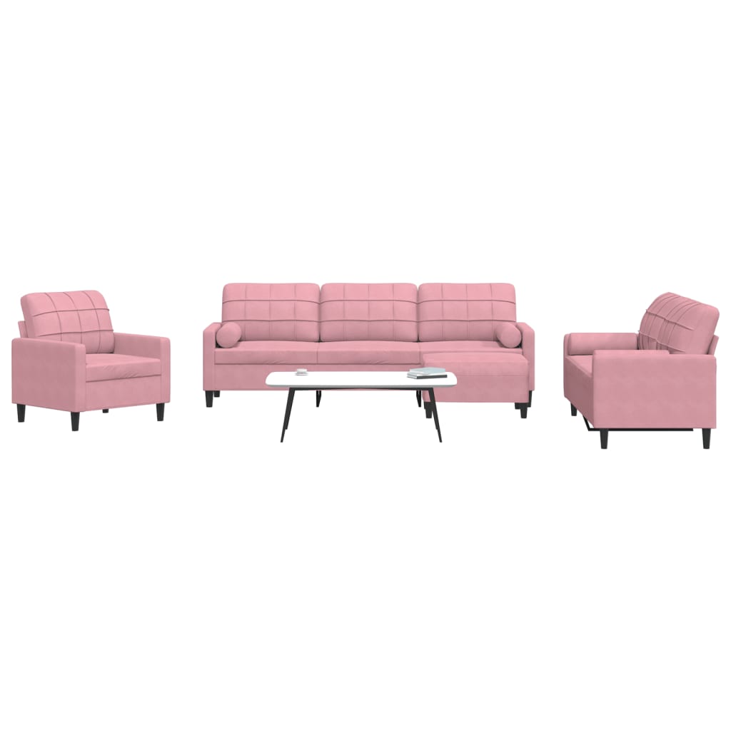 4 Pcs conjunto de sofás com almofadões e rolos veludo rosa