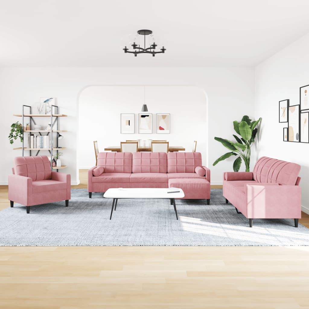 4 Pcs conjunto de sofás com almofadões e rolos veludo rosa