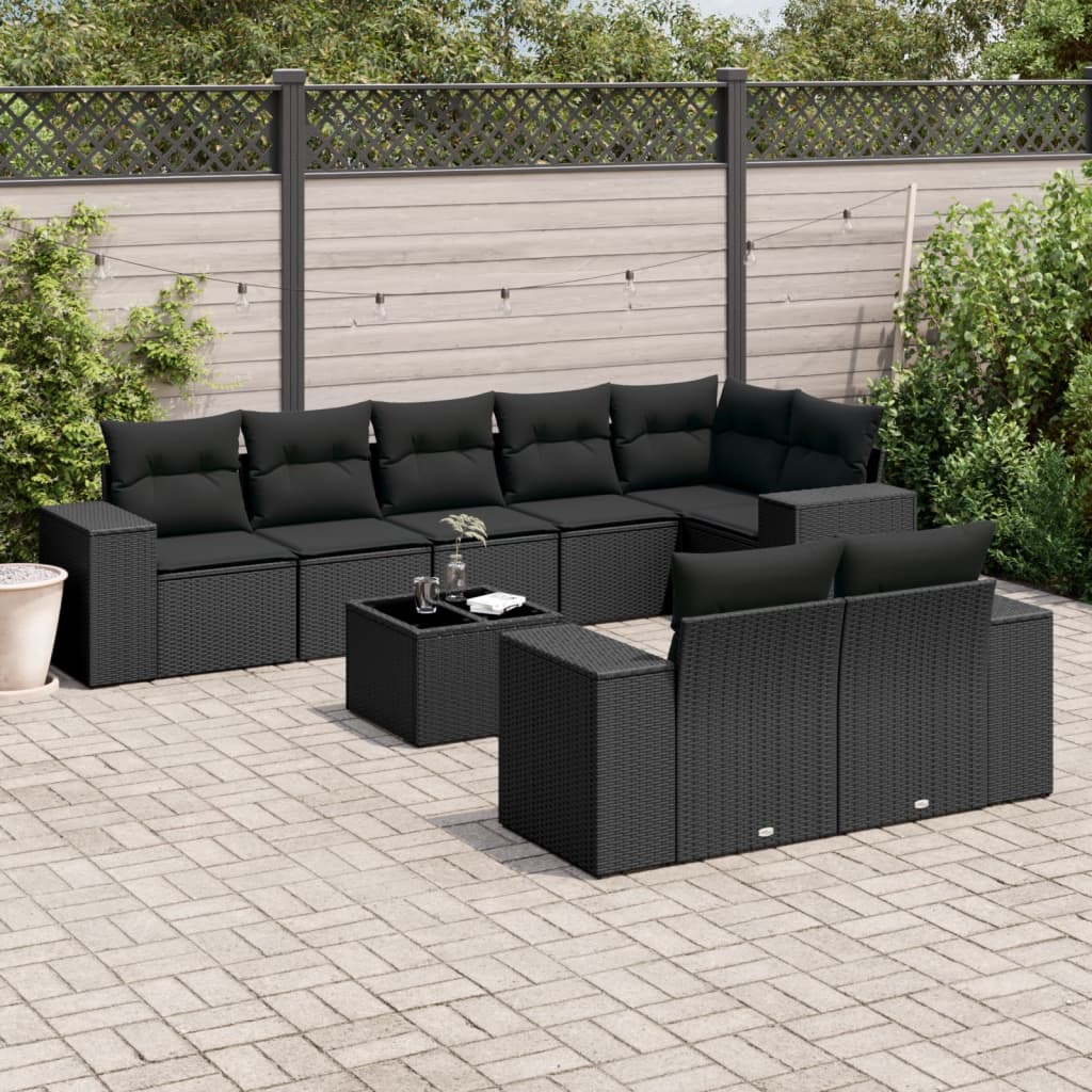 9 Pcs conjunto de sofás p/ jardim c/ almofadões vime PE preto
