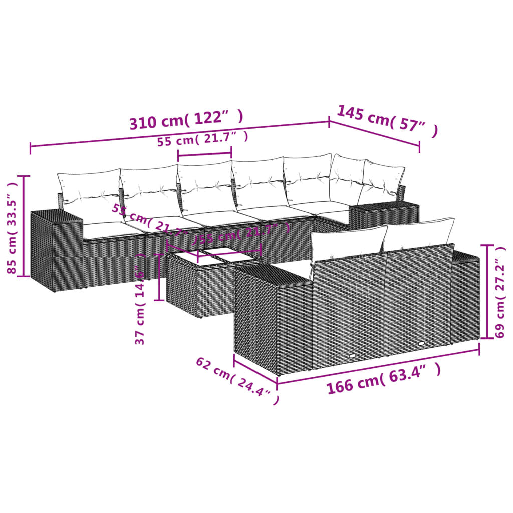 9 Pcs conjunto de sofás p/ jardim c/ almofadões vime PE preto