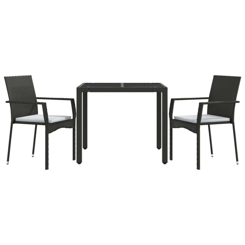 3 Pcs conjunto de jantar p/ jardim c/ almofadões vime PE preto