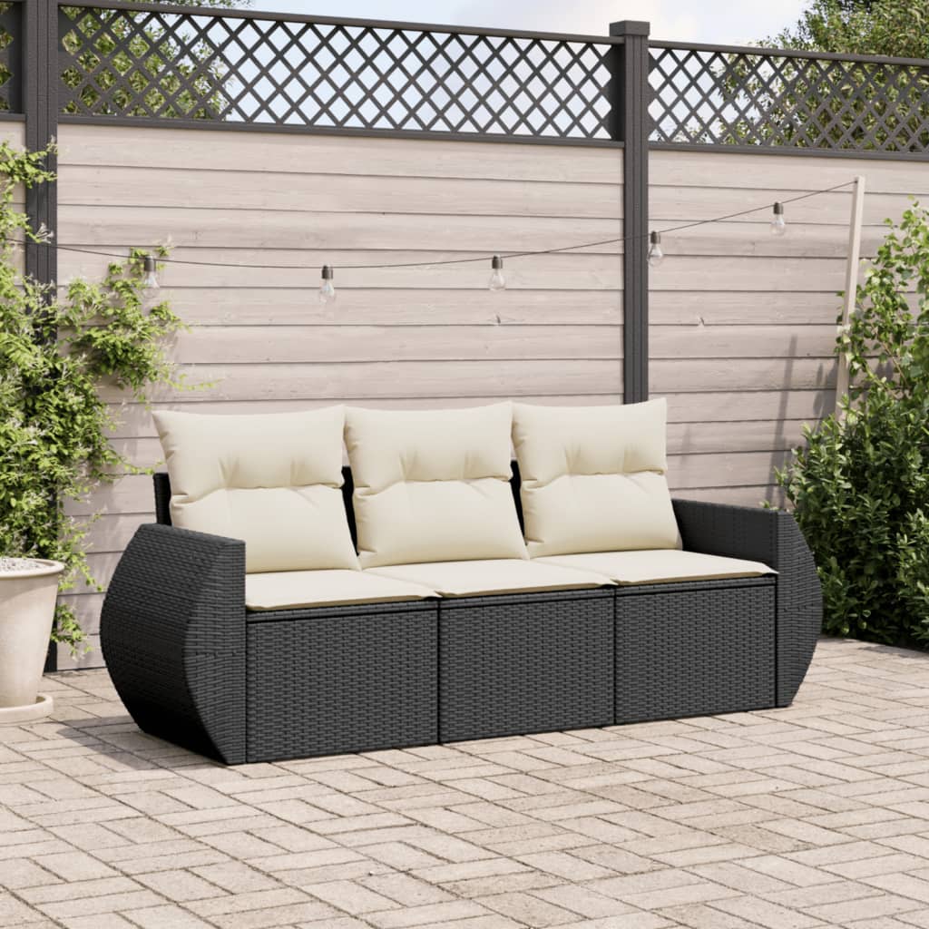 3 Pcs conjunto sofás de jardim com almofadões vime PE preto