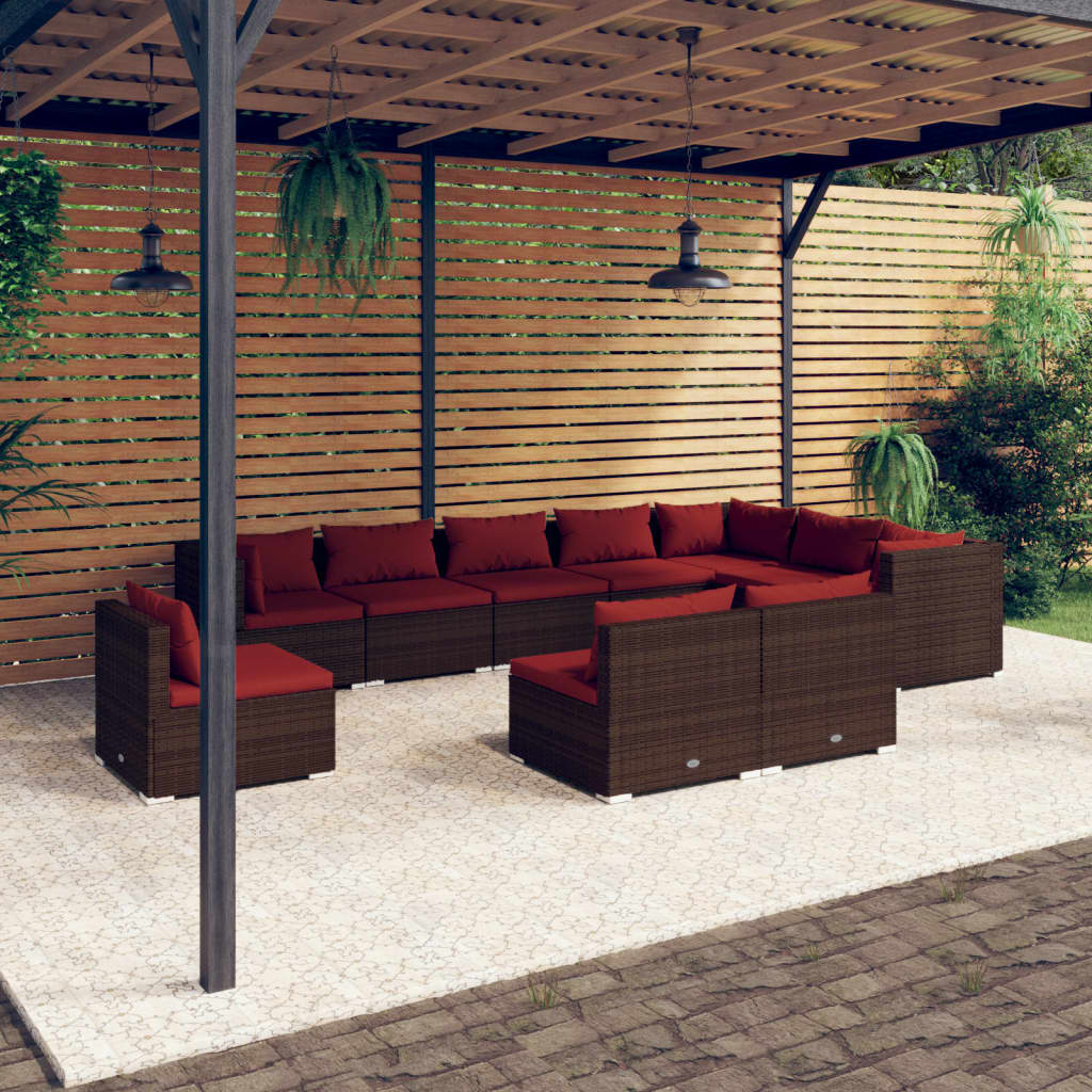 10 Pcs conjunto lounge de jardim c/ almofadões vime PE castanho