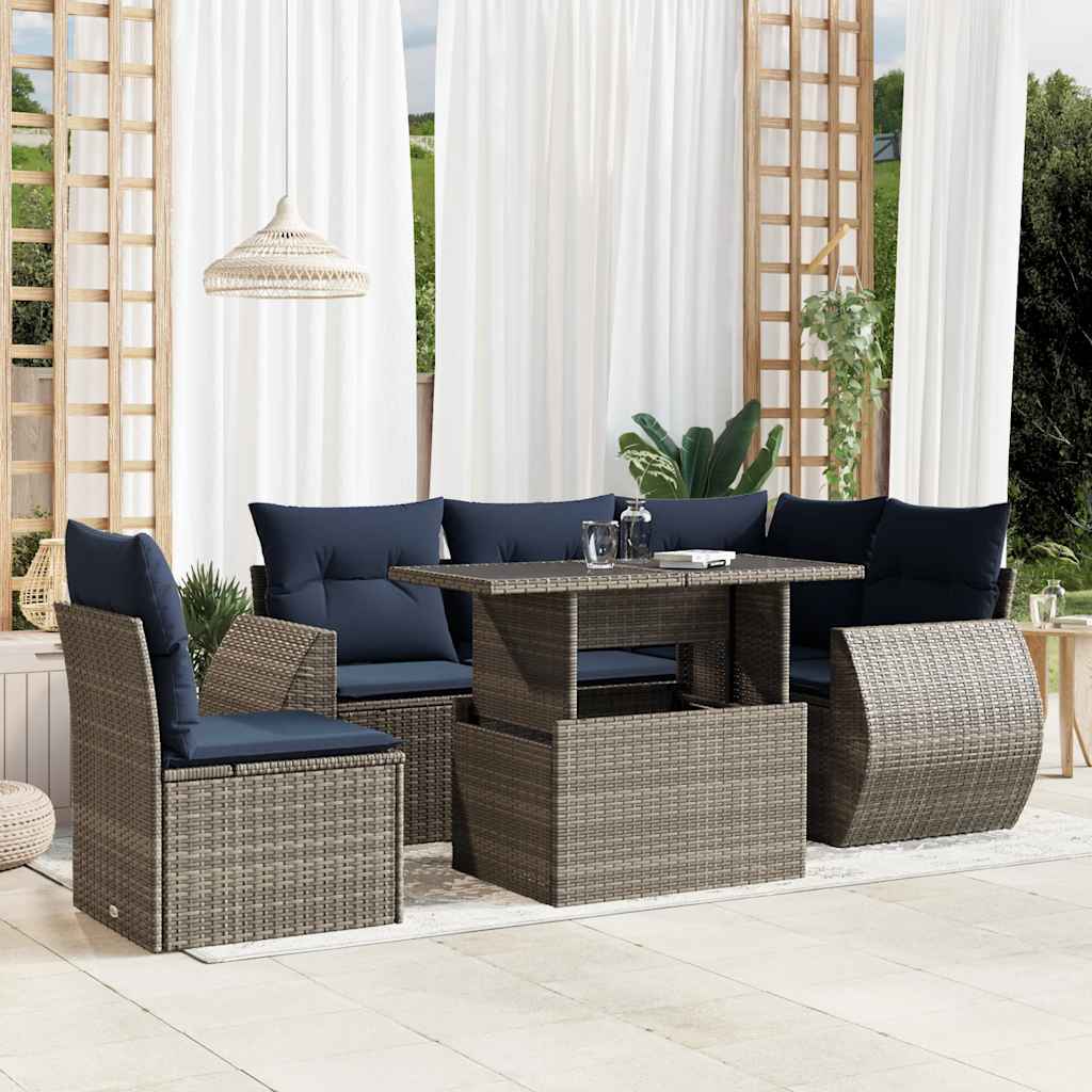 Conjunto de sofá de jardim com 6 peças e almofadas em rattan sintético cinza
