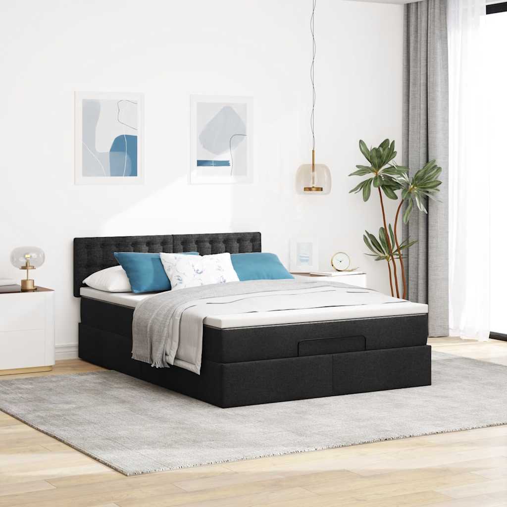 Cama otomana com colchão & leds preto 140x200 cm tecido