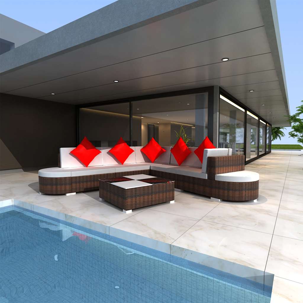 8 Pcs conjunto lounge jardim c/ almofadões vime PE castanho