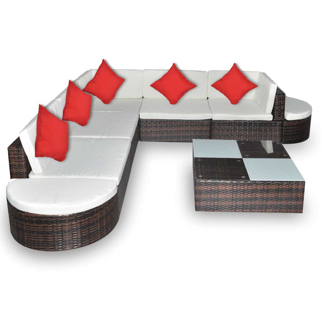 8 Pcs conjunto lounge jardim c/ almofadões vime PE castanho