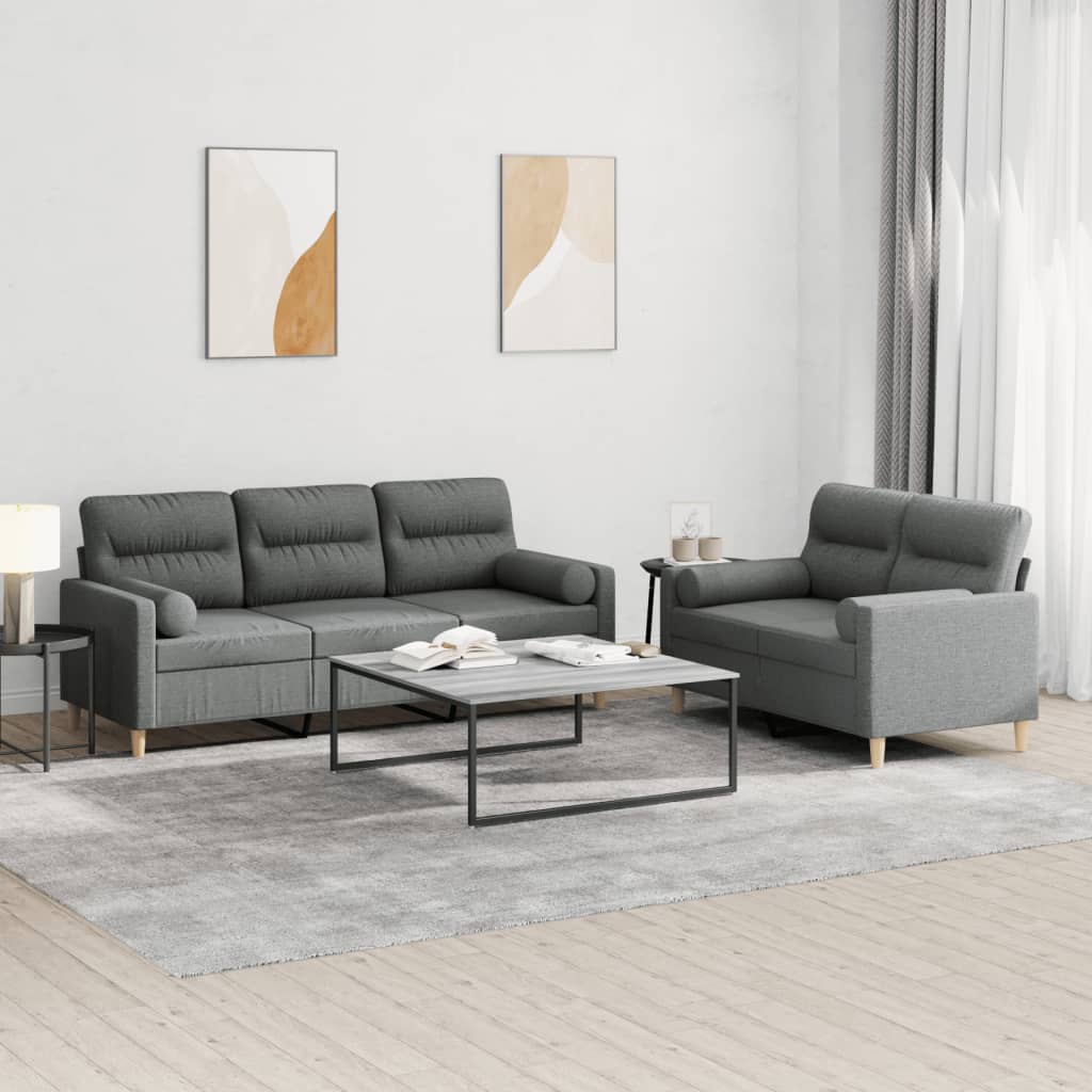 2 Pcs conjunto de sofás com almofadas tecido cinzento-escuro