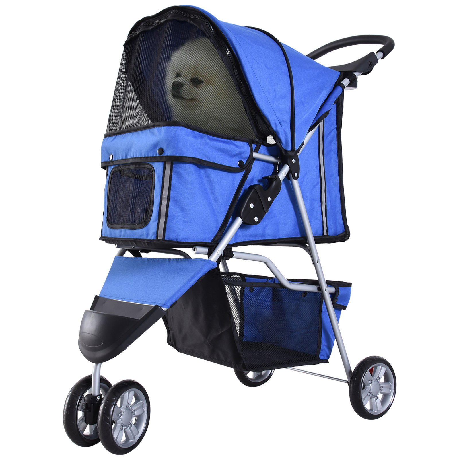 Carrinho para animais de estimação dobrável carrinho para cães e gatos com rodas giratórias cesto e suporte para copos 75x45x97cm azul