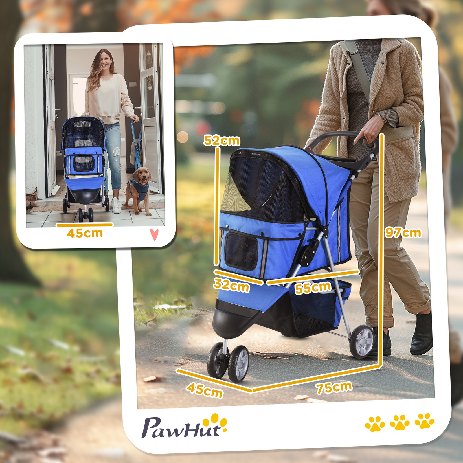 Carrinho para animais de estimação dobrável carrinho para cães e gatos com rodas giratórias cesto e suporte para copos 75x45x97cm azul