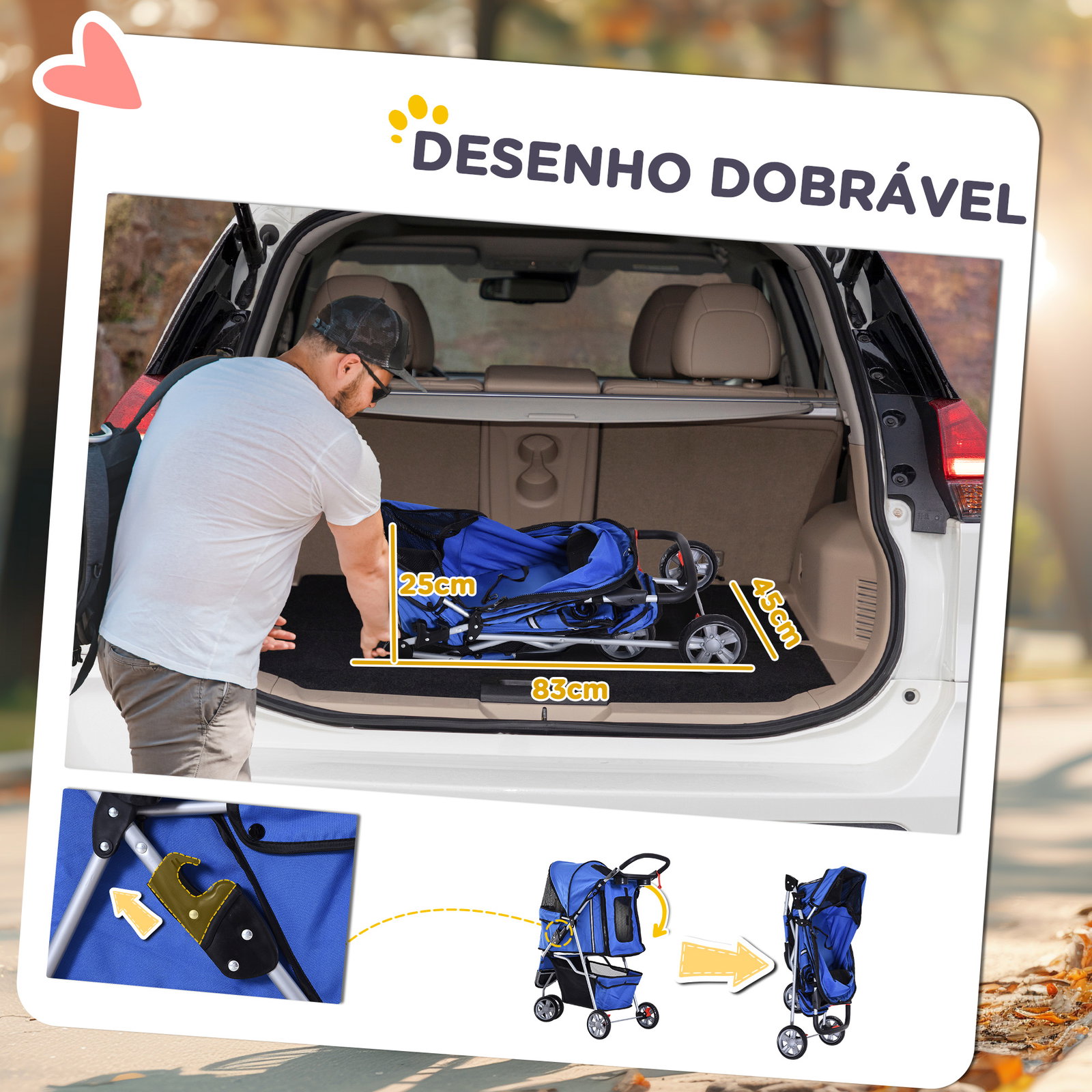 Carrinho para animais de estimação dobrável carrinho para cães e gatos com rodas giratórias cesto e suporte para copos 75x45x97cm azul