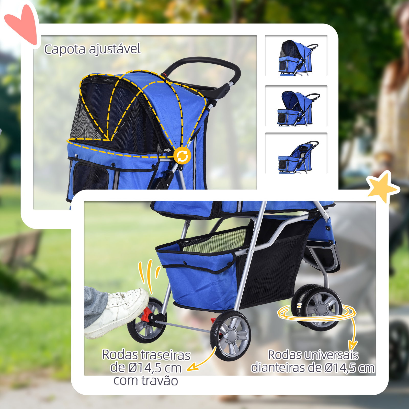 Carrinho para animais de estimação dobrável carrinho para cães e gatos com rodas giratórias cesto e suporte para copos 75x45x97cm azul